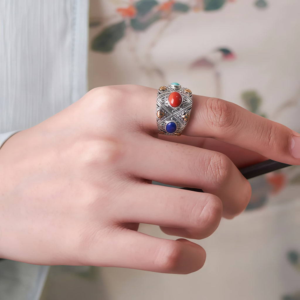 Prosperity Gemstone Guardian Ring – Carnelian, Turquoise, Lapis in Silver