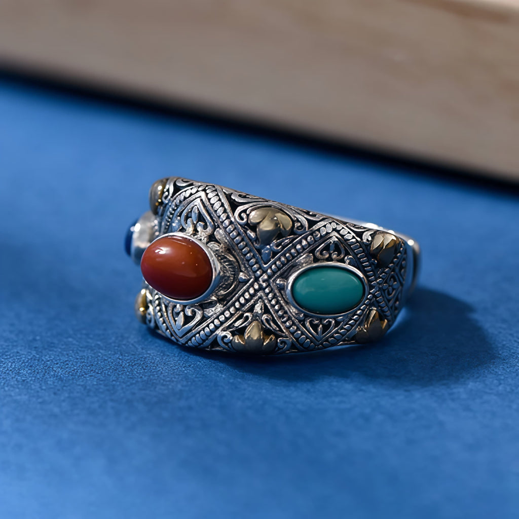 Prosperity Gemstone Guardian Ring – Carnelian, Turquoise, Lapis in Silver