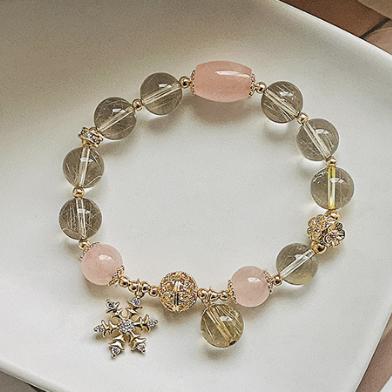 037 Gold Rutilated Quartz & Pink Crystal Snowflake Bracelet – Lucky Charm for Love & Wealth