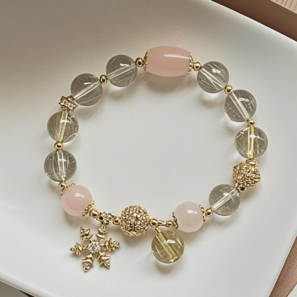 037 Gold Rutilated Quartz & Pink Crystal Snowflake Bracelet – Lucky Charm for Love & Wealth