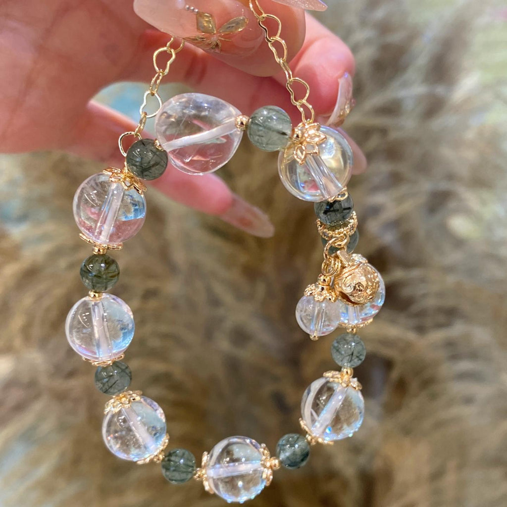 030 Green Quartz & Rutilated White Crystal Bracelet – Attract Luck, Heal Energy, Shine Bright